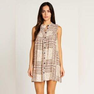 Olivaceous Tunic Dress Button Down Linen Sleeveless Floral Cream Small Boho